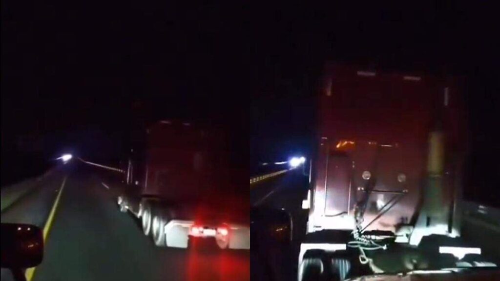 Imagen de cámara de seguridad de tráiler captando intento de asalto en autopista Puebla-Orizaba