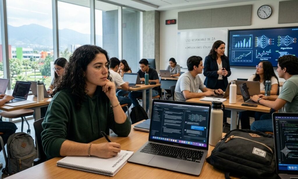 Estudiantes universitarios en Puebla utilizando computadoras y dispositivos tecnológicos en un aula