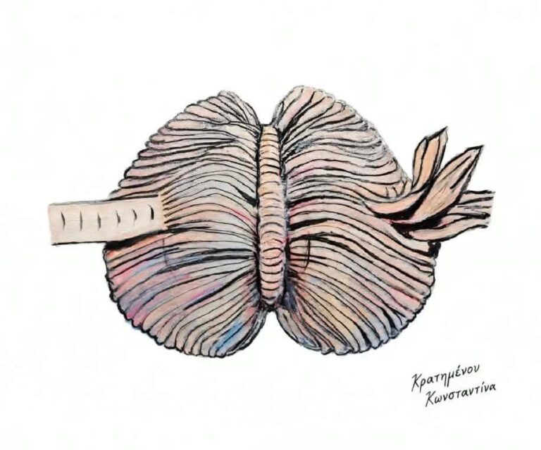Una «cinta del tiempo» serpentea a través del cerebelo, simbolizando cómo el momento de la gestación determina el desarrollo del cerebro humano.