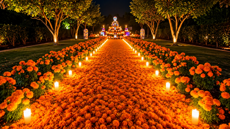 Ofrenda de Día de Muertos con fotografías de familiares, veladoras, flores de cempasúchil, pan de muerto y alimentos tradicionales.
