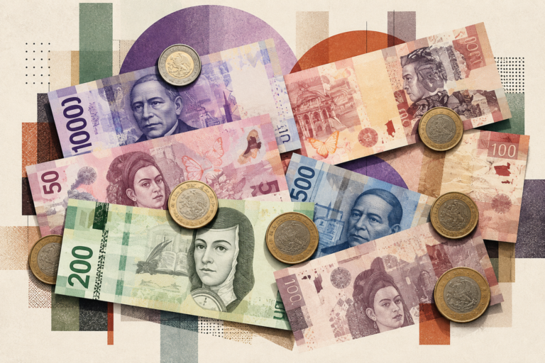 Billetes y monedas mexicanas en un collage.