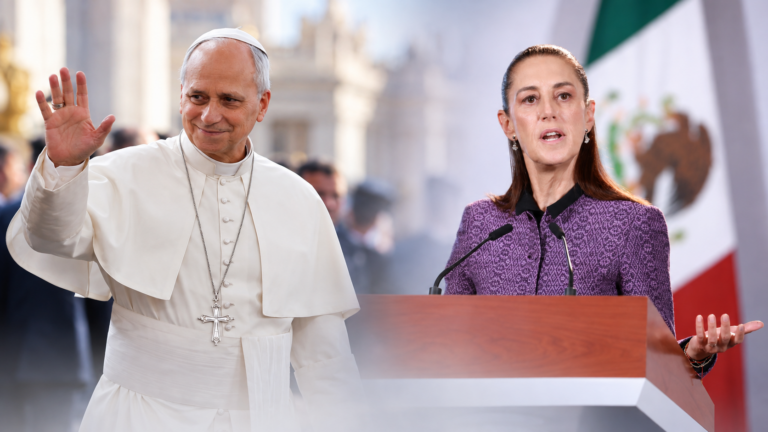 El papa saluda junto a Claudia Sheinbaum durante un acto público, en una composición editorial sobre religión y política.