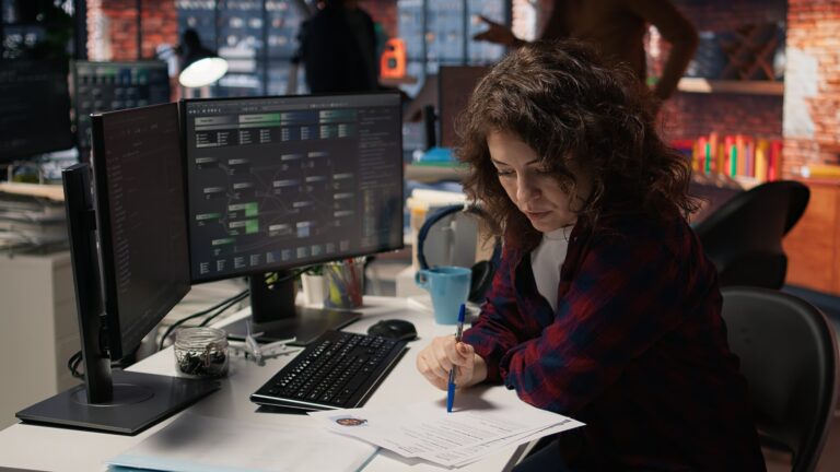 Mujer profesional del sector tecnológico durante una reunión de trabajo.